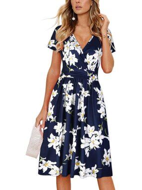 Casual Summer Dress for Women Wrap V Neck A Line Midi Dresses with Pockets